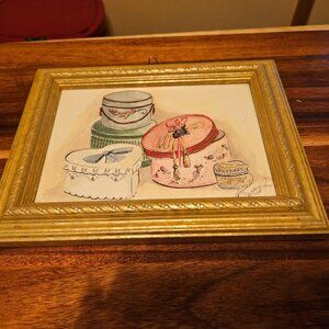 quaint picture featuring antique hat boxes watercolor painting by Peggy Abrams